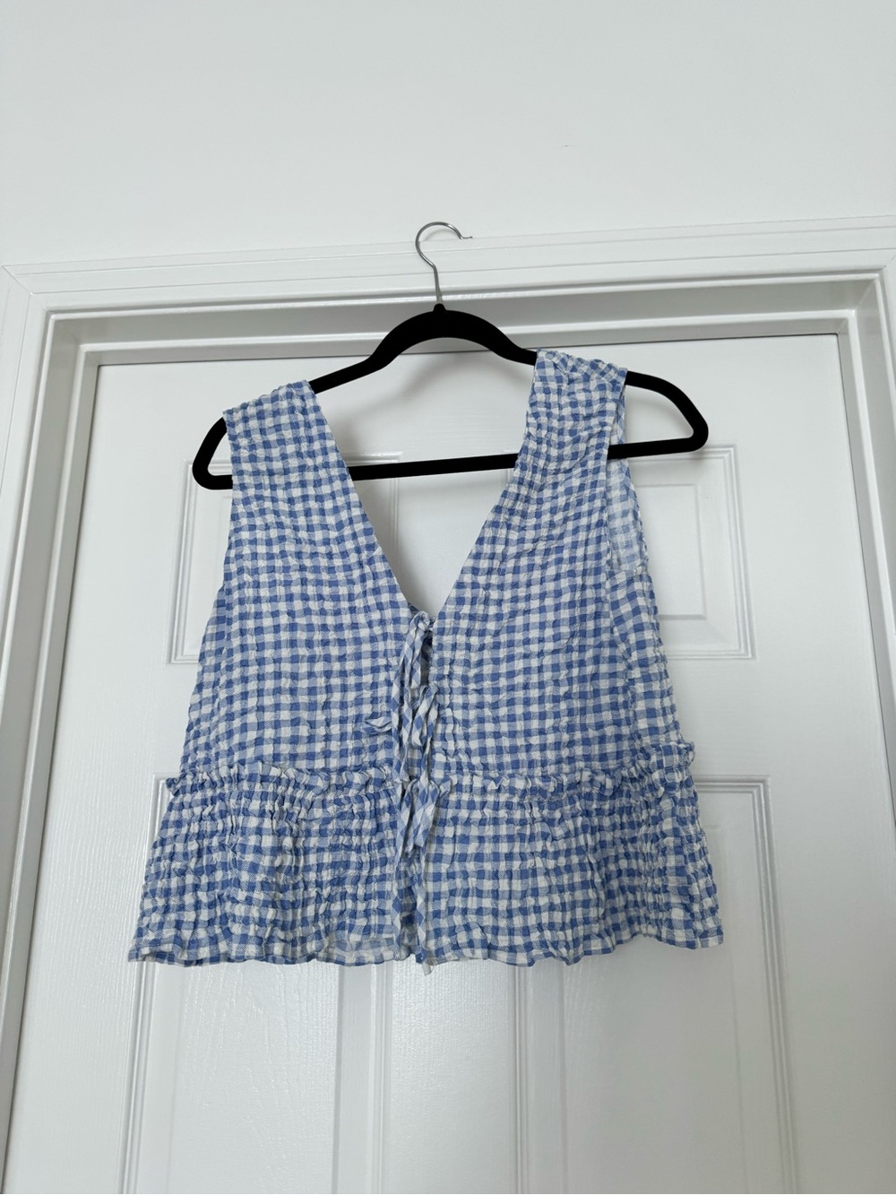 Zara Blue Gingham Tie-Front Ruffle Crop Top